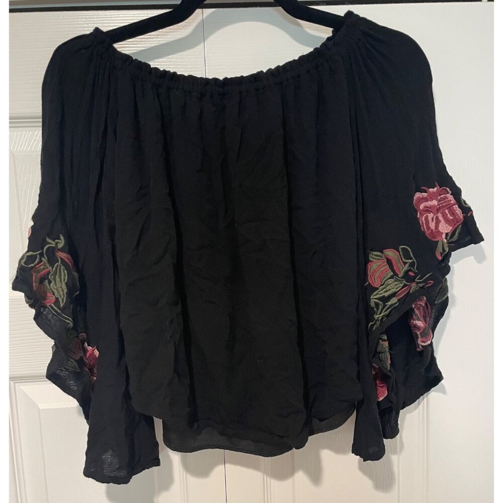 Blue Rain Womens Floral Off‎ Shoulder Bell Sleeve Top Size XS Dark Romantic Boho
